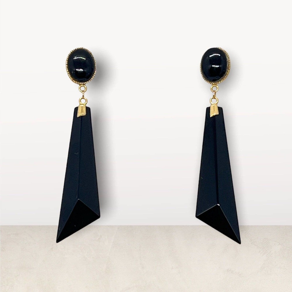 Vintage 14k Yellow Gold Black Onyx Pierced Triangle 2” Dangle Earrings No Backs
